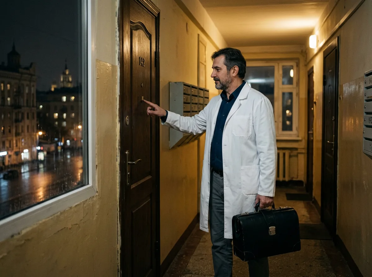 Врач-нарколог в белом халате приезжает к пациенту домой, ночной Москва, уверенный медицинский специалист с чемоданчиком у двери квартиры