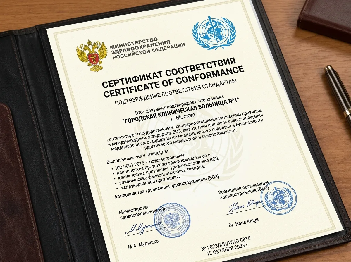 Логотип Министерства здравоохранения России и ВОЗ на официальном документе, подтверждение соответствия стандартам