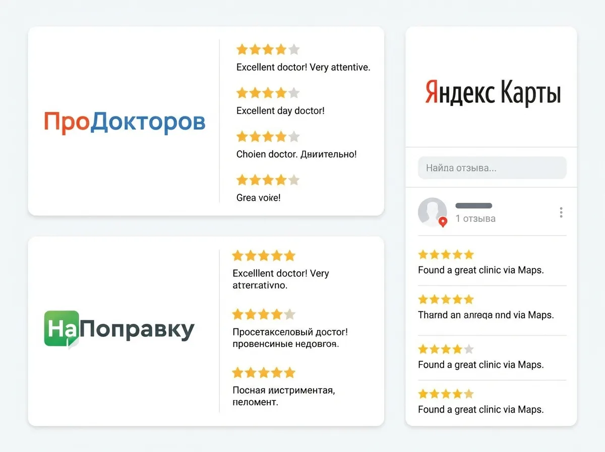 Логотипы платформ Продокторов, НаПоправку и Яндекс Карты на белом фоне, отзывы пациентов